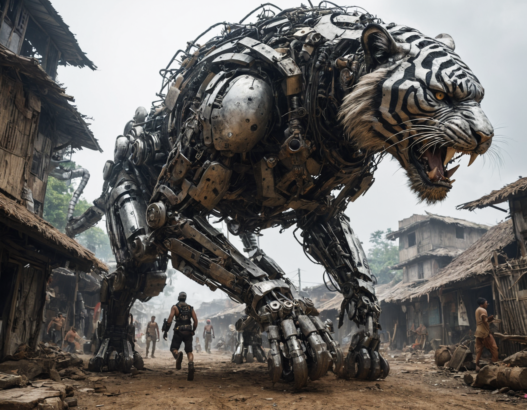 16675-2060661333-mechanical-tiger rampaging through a jungle village, buildings made out of scrap metal, wide angle, running people, futuristic t.png